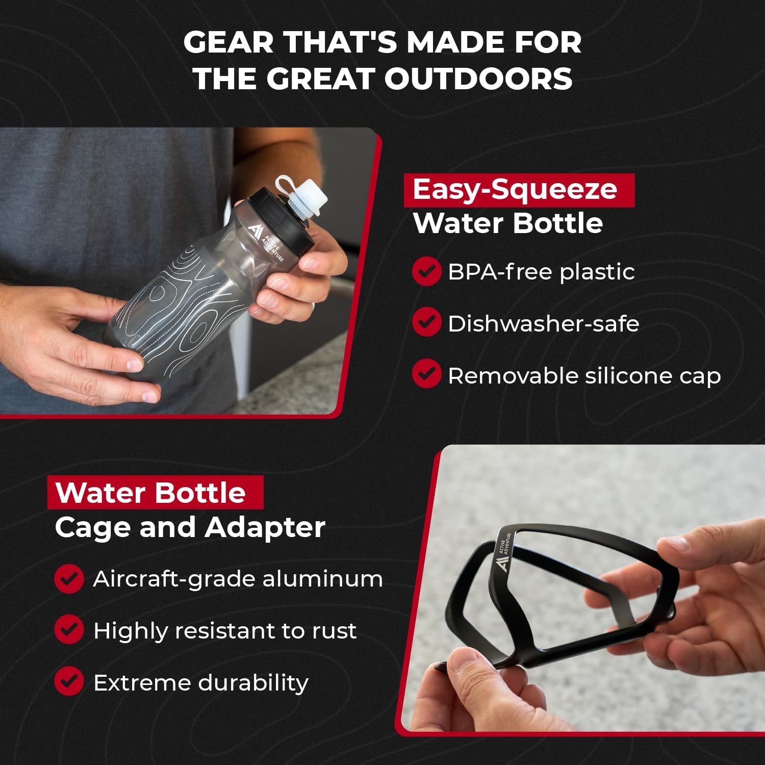 Bike Water Bottle Holder with Bottle Combo Mount Cage Rack No Screws Mountain Bicycle Accessories, for Sport Outdoor Cycling, MTB Road, Universal Cup Holder, Durable Alloy Kids, Adults (Black)