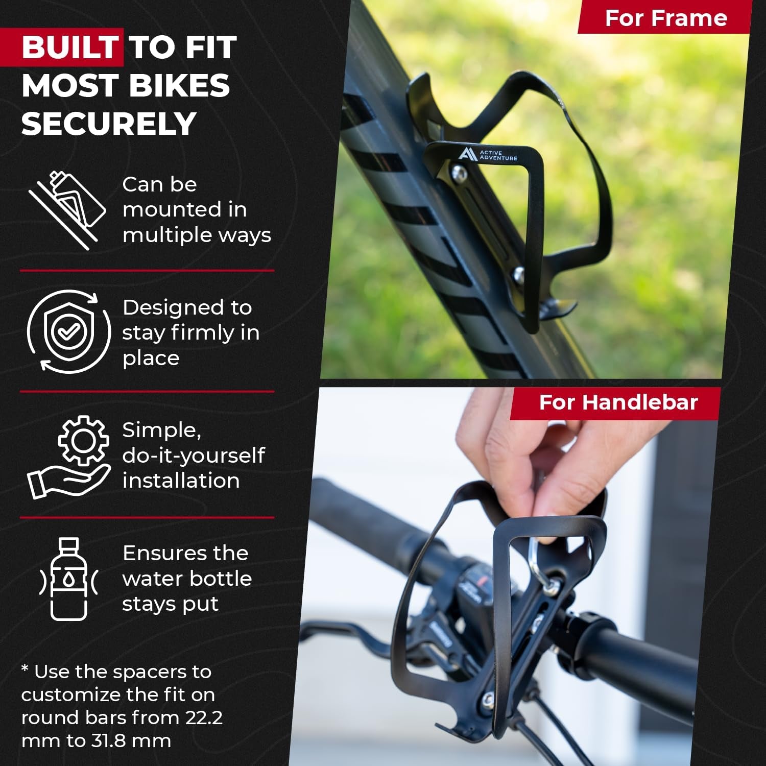 Bike Water Bottle Holder with Bottle Combo Mount Cage Rack No Screws Mountain Bicycle Accessories, for Sport Outdoor Cycling, MTB Road, Universal Cup Holder, Durable Alloy Kids, Adults (Black)