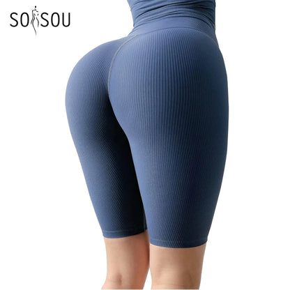 Rib Fabric Women'S Shorts High Waist Cycling Shorts Women Gym Running Yoga Shorts Tight Fitness Threaded Womens Clothing